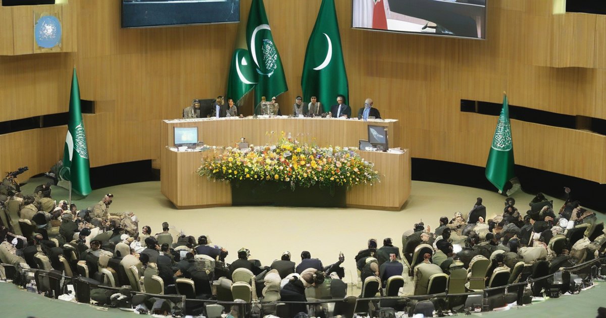 Pakistani and Saudi flags flying together beside a silhouette of military personnel shaking hands against a desert backdrop