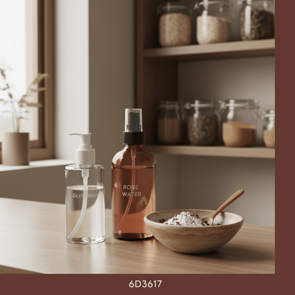A clean pantry-to-skincare setup with glycerine and rose water