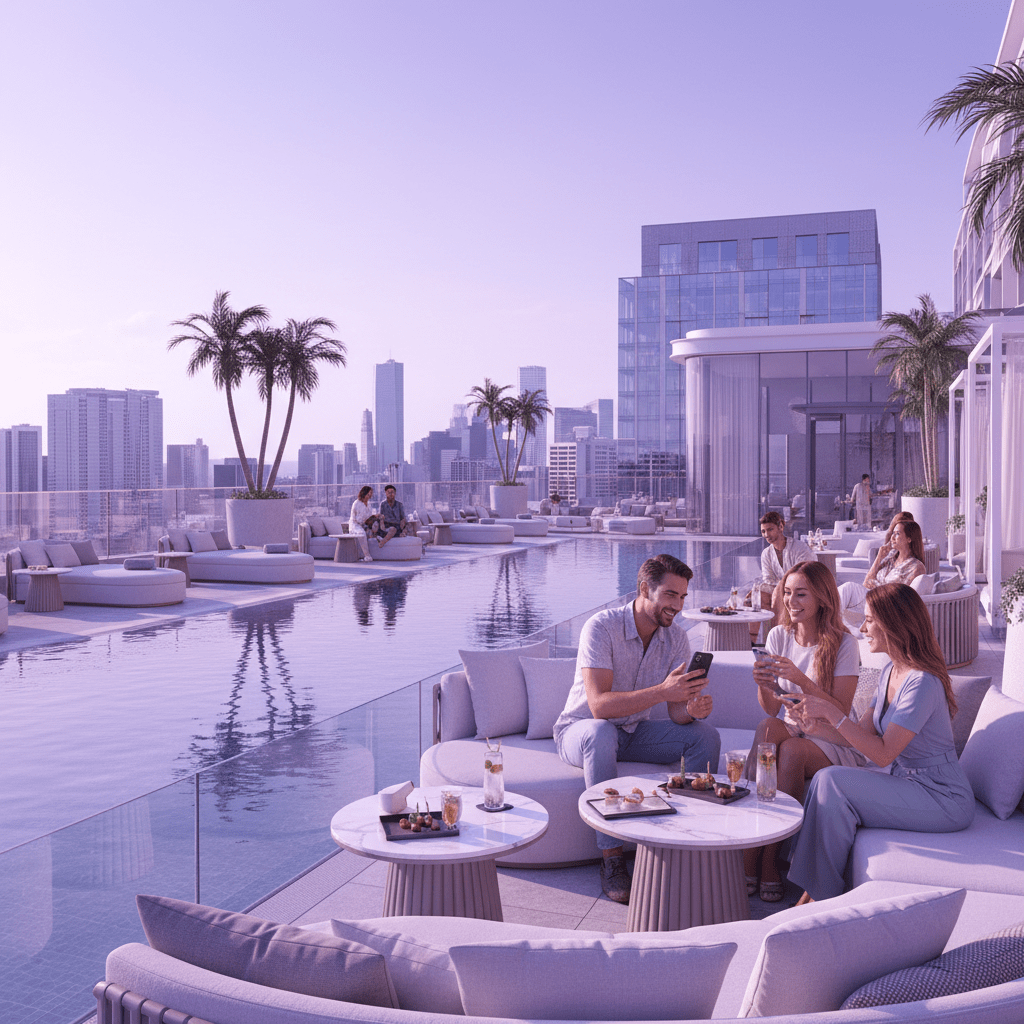 Guests enjoying a rooftop pool and sharing hotel moments on social media
