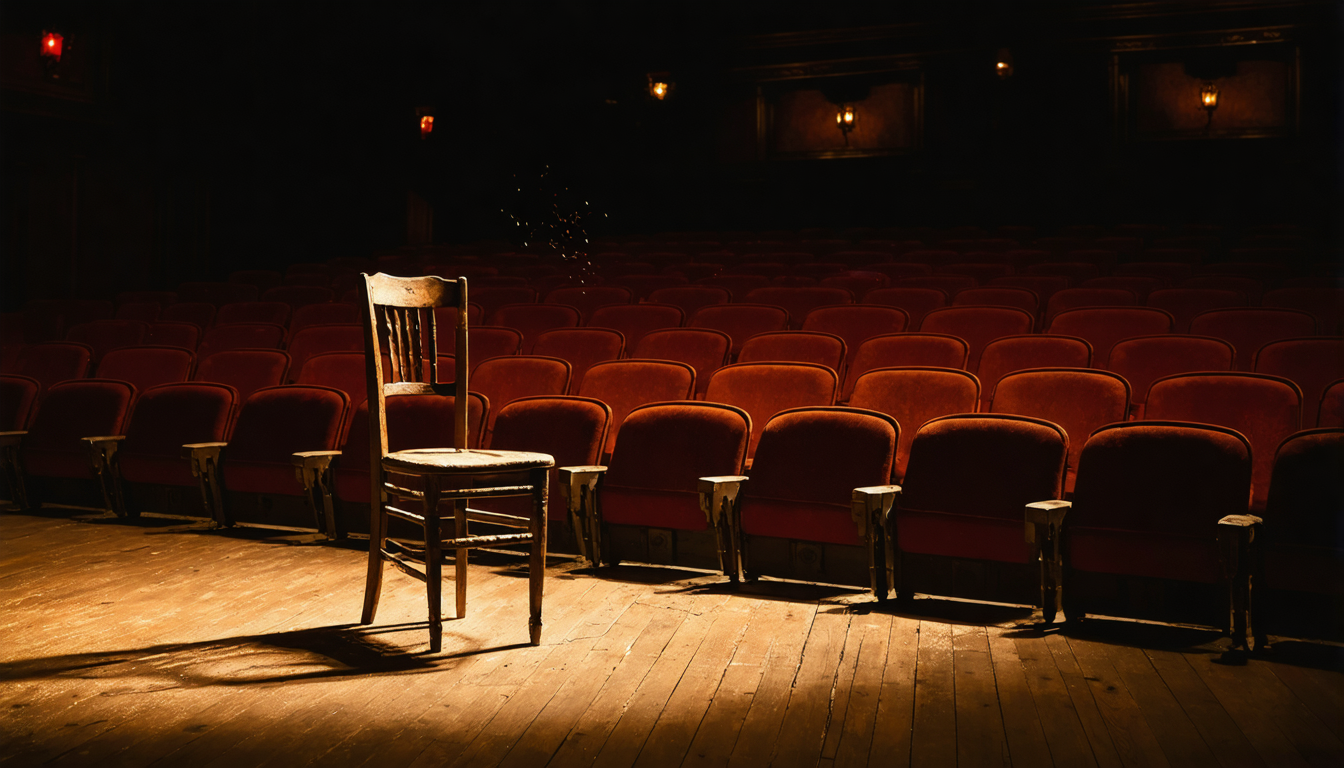 An empty chair under a spotlight on a bare stage—accountability waiting for someone to sit down and accept the part.