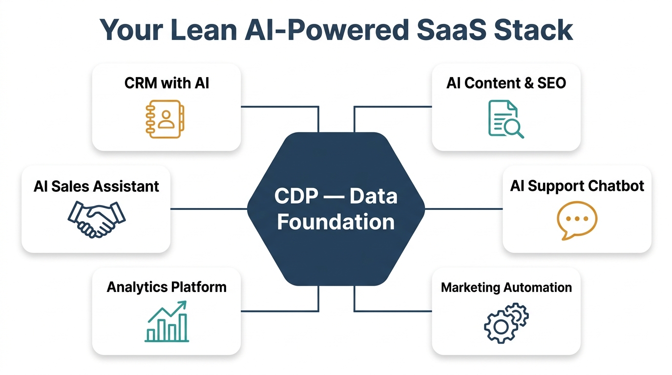 Hub-and-spoke diagram showing a lean AI-powered SaaS tech stack with a central CDP data foundation connected to CRM, AI content tools, sales assistant, support chatbot, analytics, and marketing automation