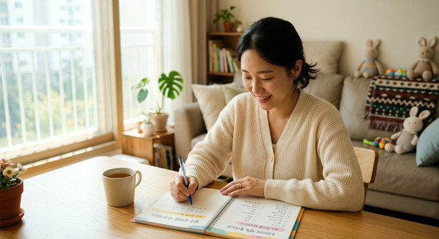 육아노트에 필수 준비물 체크리스트를 작성하는 한국인 부모