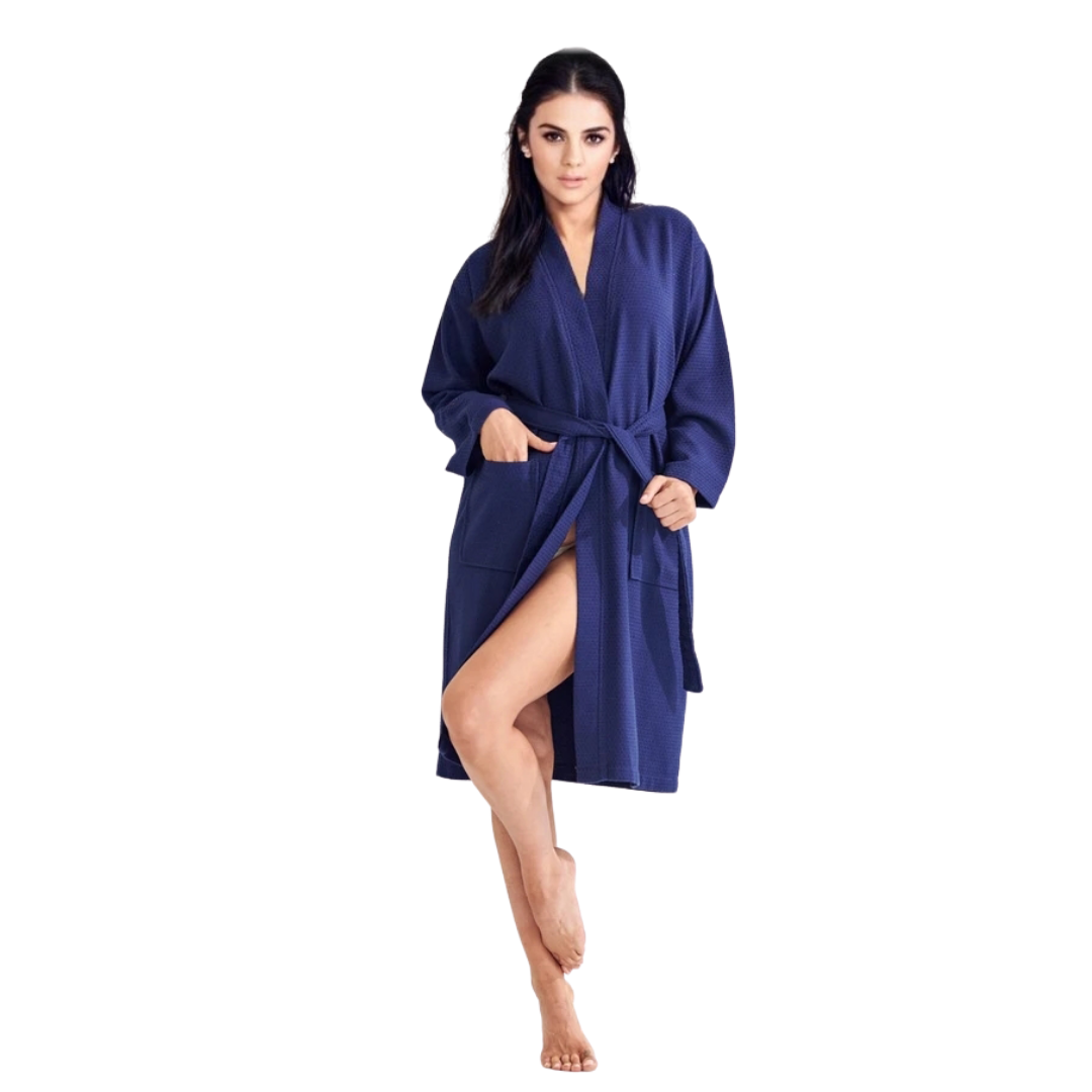 Women's Waffle Indigo Long Premium Cotton Blend Bathrobe (Small) view 2