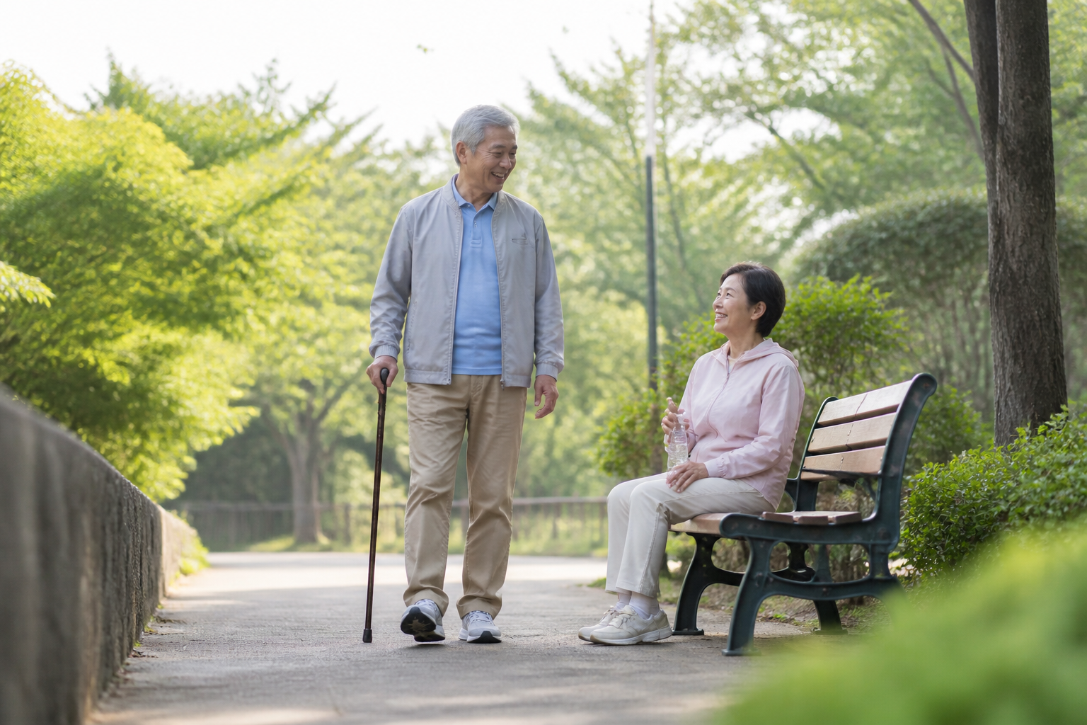 心血管疾患のある高齢者が杖を使って歩きベンチで無理なく休息する様子