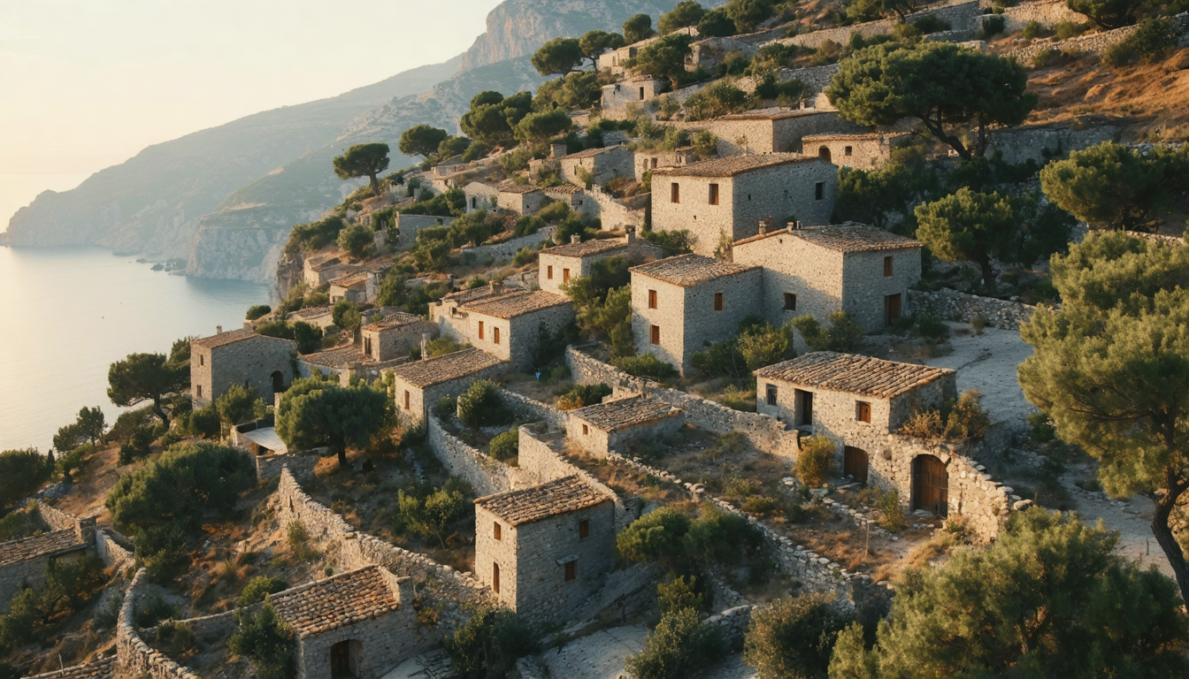 A weathered stone village on a Mediterranean hillside at dusk, terraced olive groves descending toward the sea, soft golden light, no people visible.