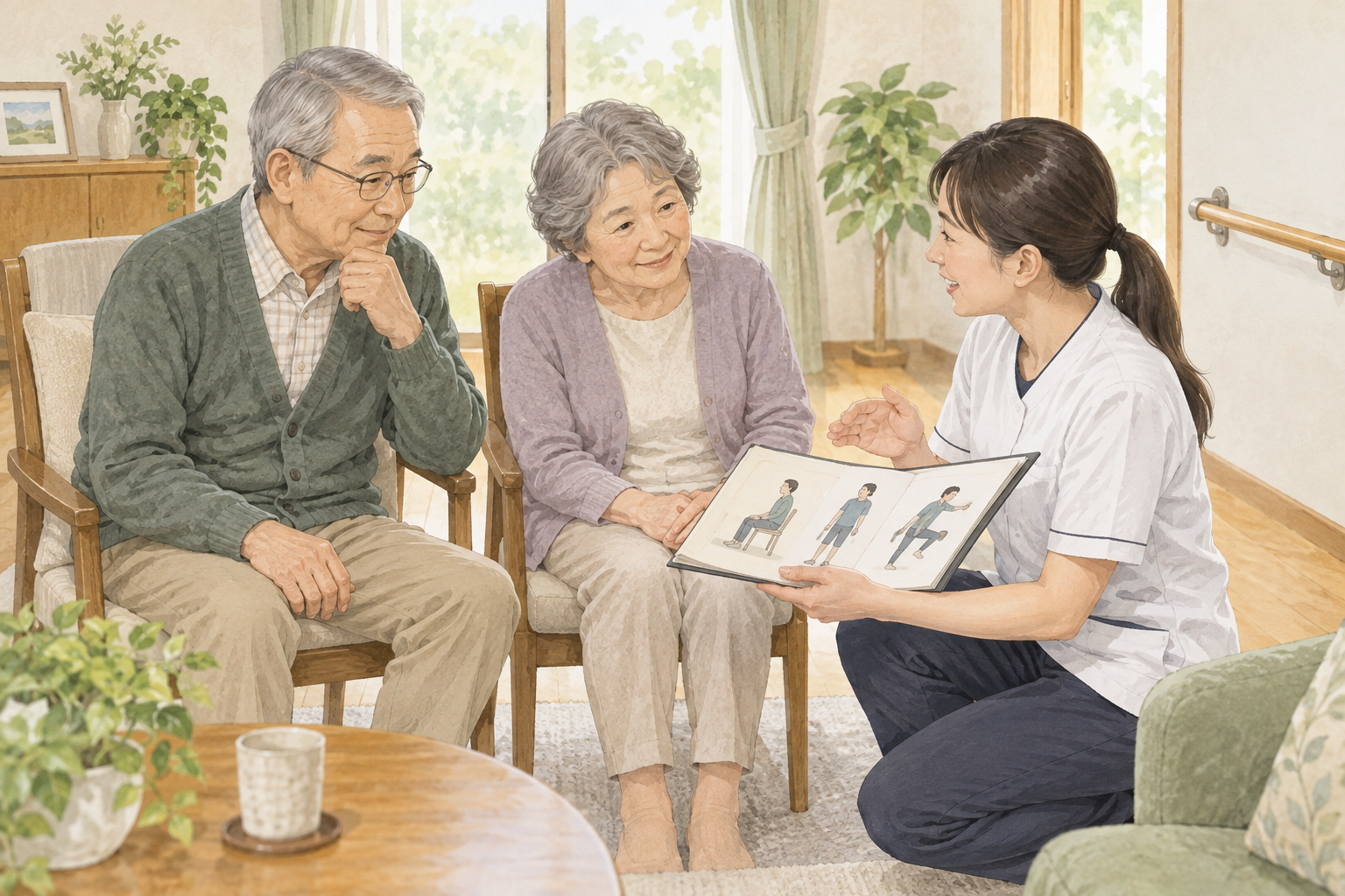 転倒歴や生活に合った運動の続け方を相談する場面