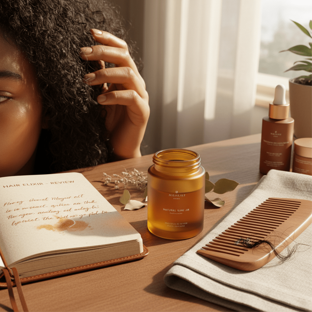 A review-style still life with hair oil jar, notebook, comb, and subtle baby hairs representing positive user feedback