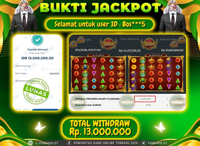 PAMANSLOT JACKPOT Game Gates Of Olympus Super Scatter Rp.13,000,000- LUNAS