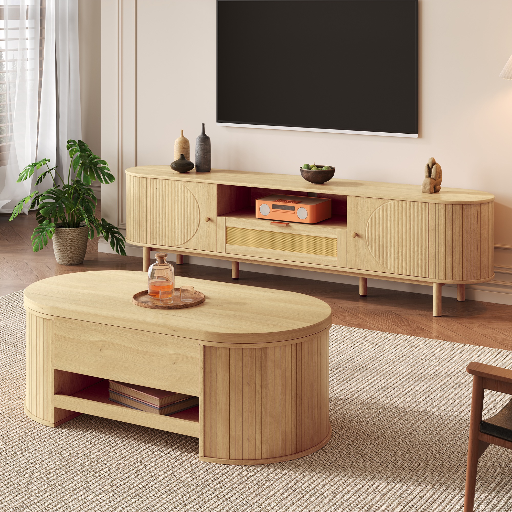 Meuble TV Naturel, Rangement, Gestion des Câbles, Étagères Réglables, Plan Relevable, Étagère Extractible - Panneau composite de fibres de bois à densité - 110x55.5x40cm 6