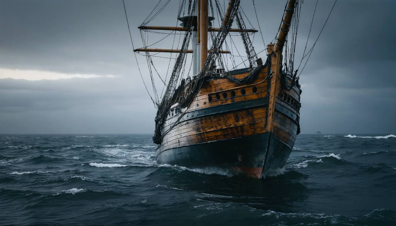 A wooden warship at cold dawn moving toward dark water where a reef waits, the sea flat and indifferent.