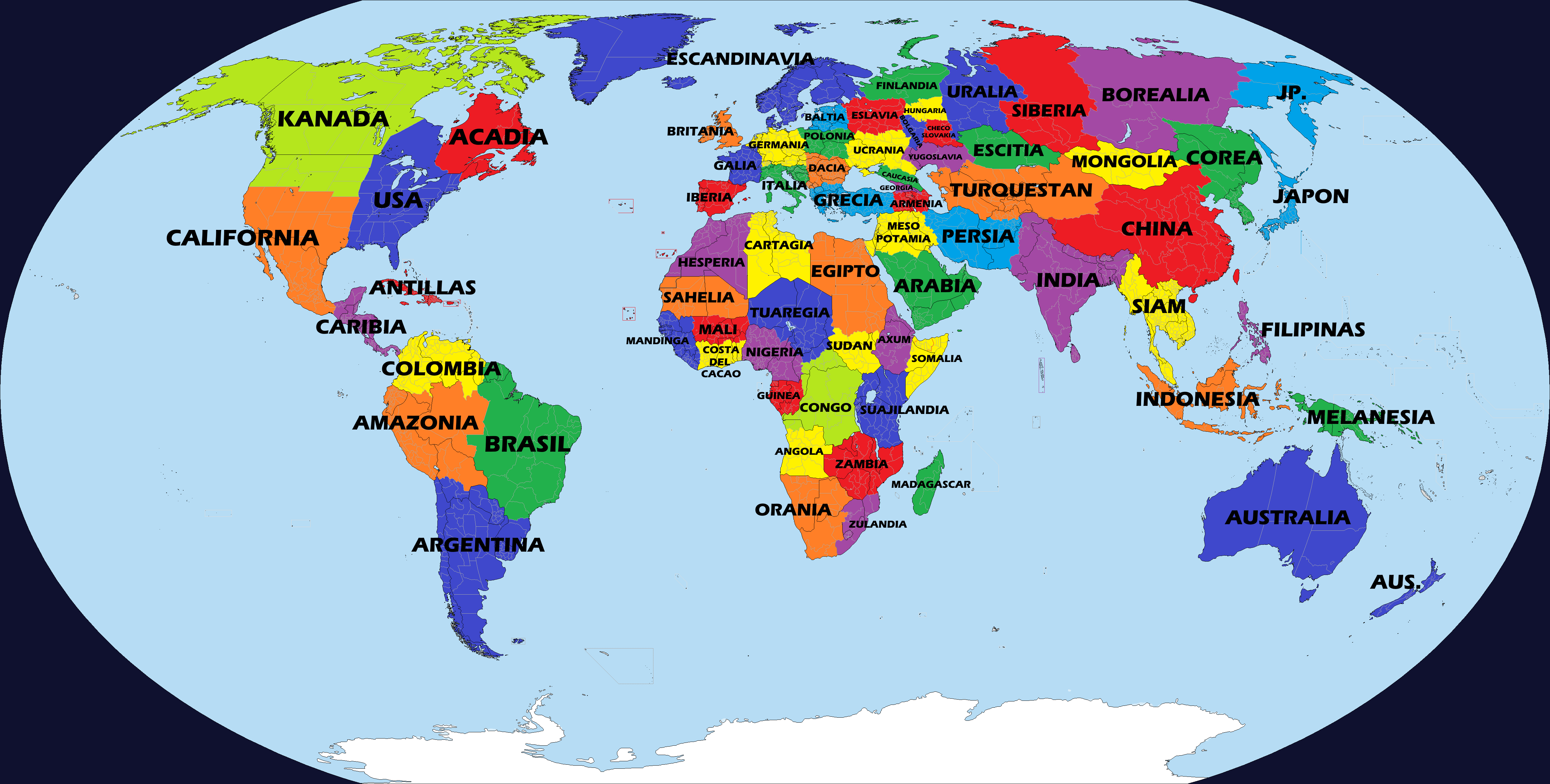 Mapamundi alternativo con fronteras rediseñadas y 68 países repartidos por continentes