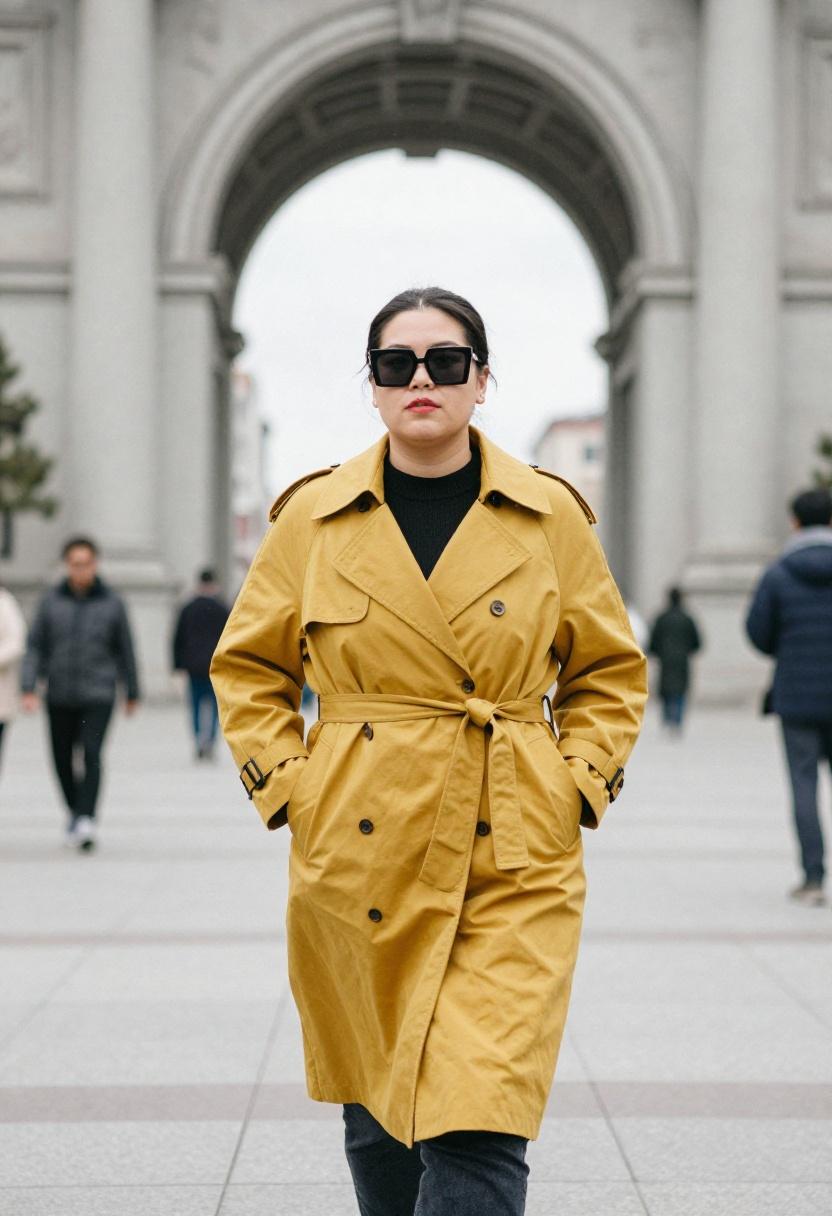 Mustard yellow wrap trench coat urban plaza sophisticated plus-size street style