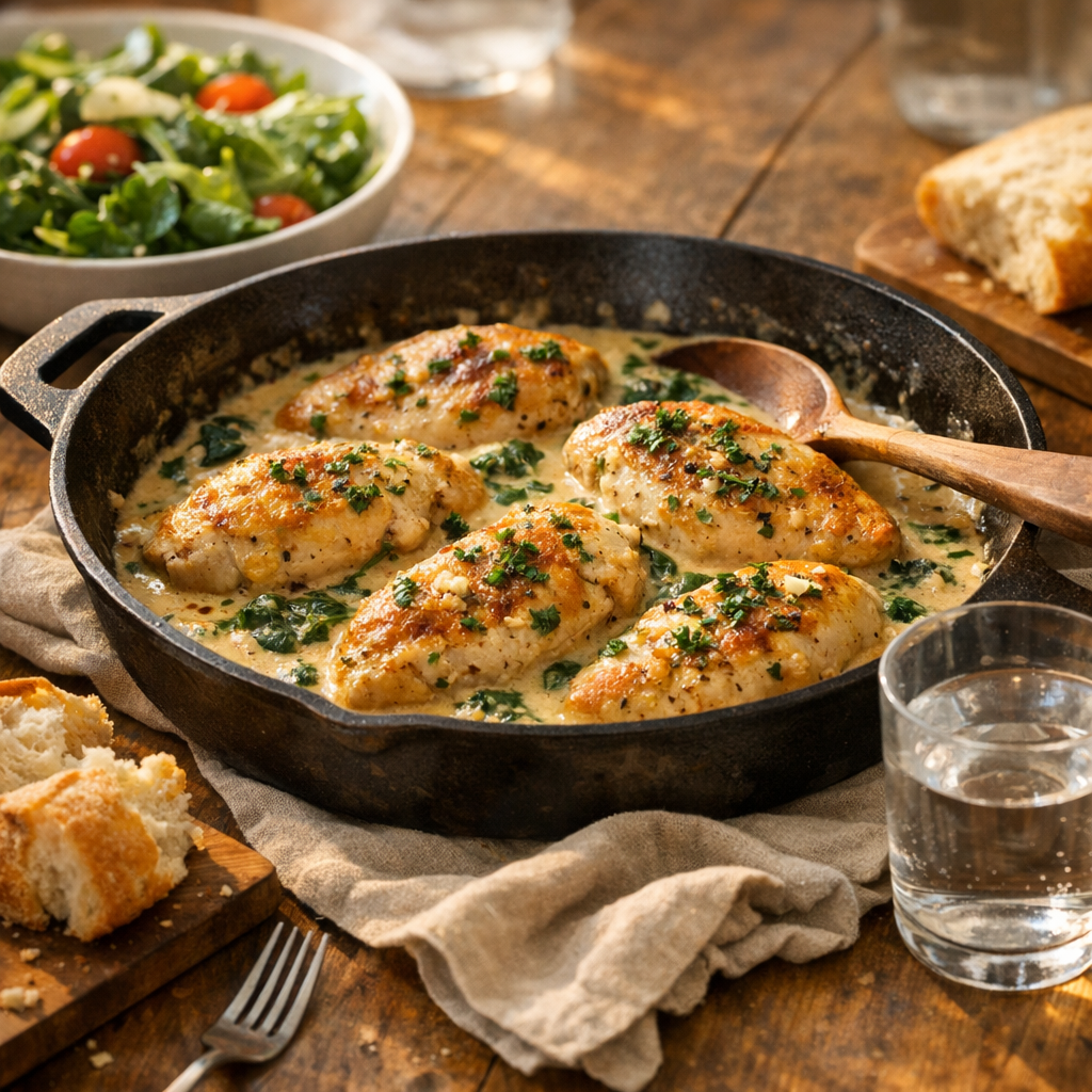 Creamy Garlic Chicken Skillet One Pan Dinner finished dish