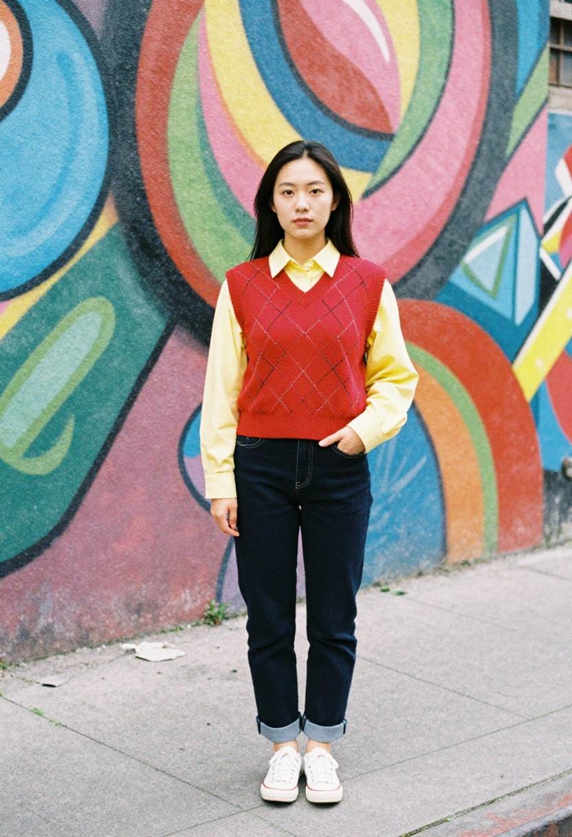 Cherry red argyle sweater vest over yellow collared shirt in front of colorful street mural