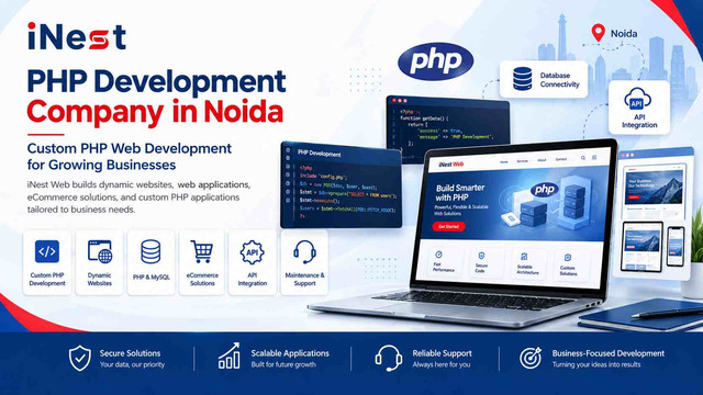 iNest Web provides custom PHP web development services for businesses looking to build dynamic websites, web applications, and eCommerce platforms. The image highlights PHP development, database connectivity, API integration, responsive website design, scalable applications, and ongoing maintenance and support to help businesses improve their digital presence.