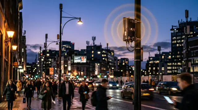 Urban twilight cityscape with 5G small cell antennas on lampposts radiating subtle electromagnetic waves, contemplative mood
