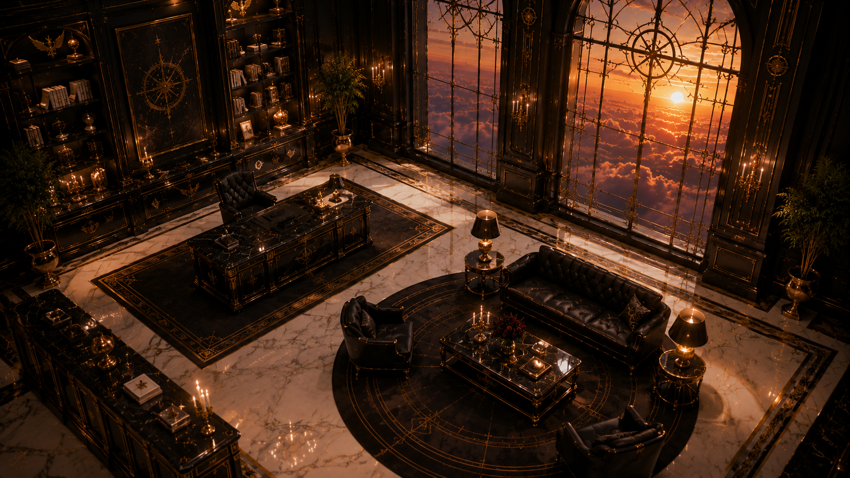 Interview Room on floor one of Apollo's Skyward Residence, with a black and gold desk, large windows, skyline view, and glowing display panels