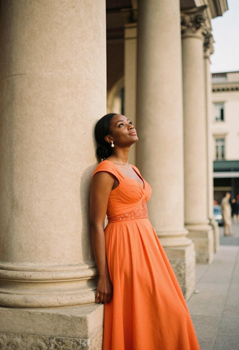 Tangerine orange sweetheart gown photographed from low angle against classical columns