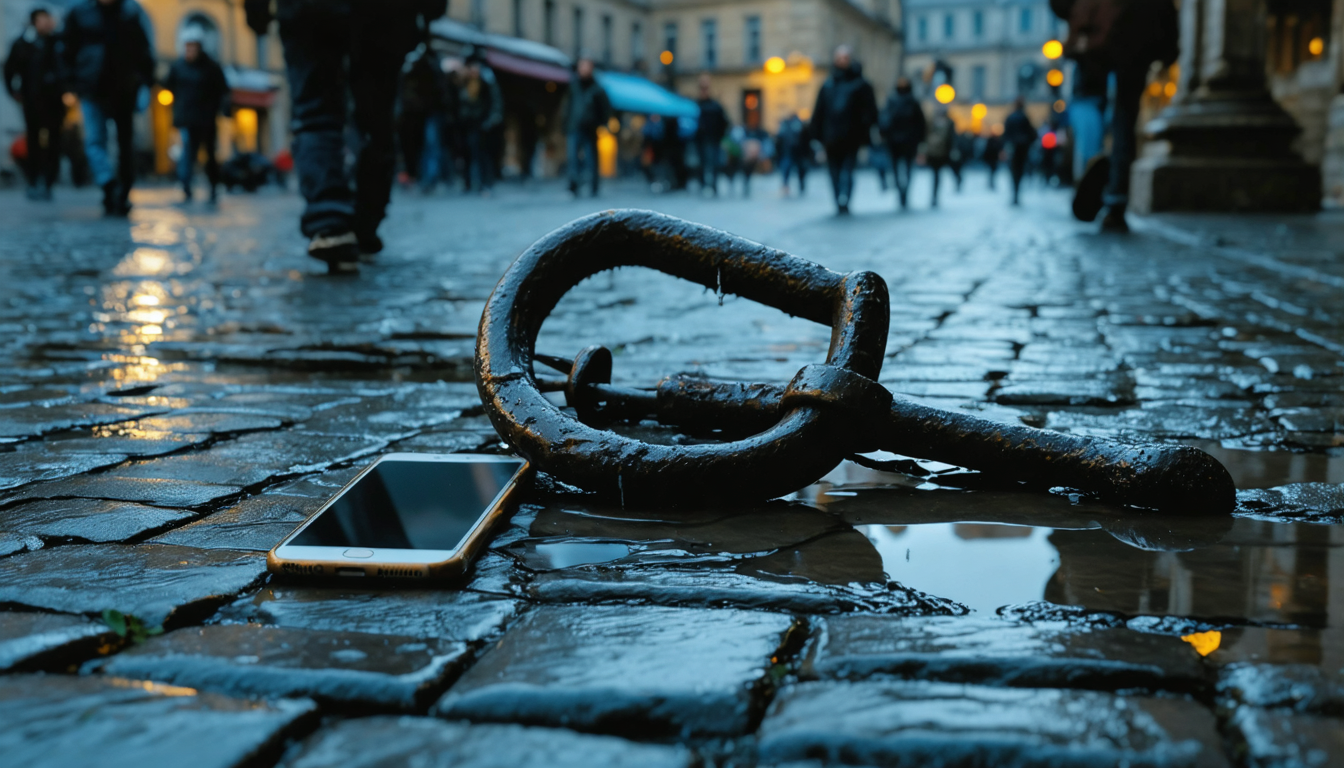 An iron gag resting on wet stones, its silhouette mirrored by the glow of a screen in the water — two centuries of intermediation sharing a puddle.