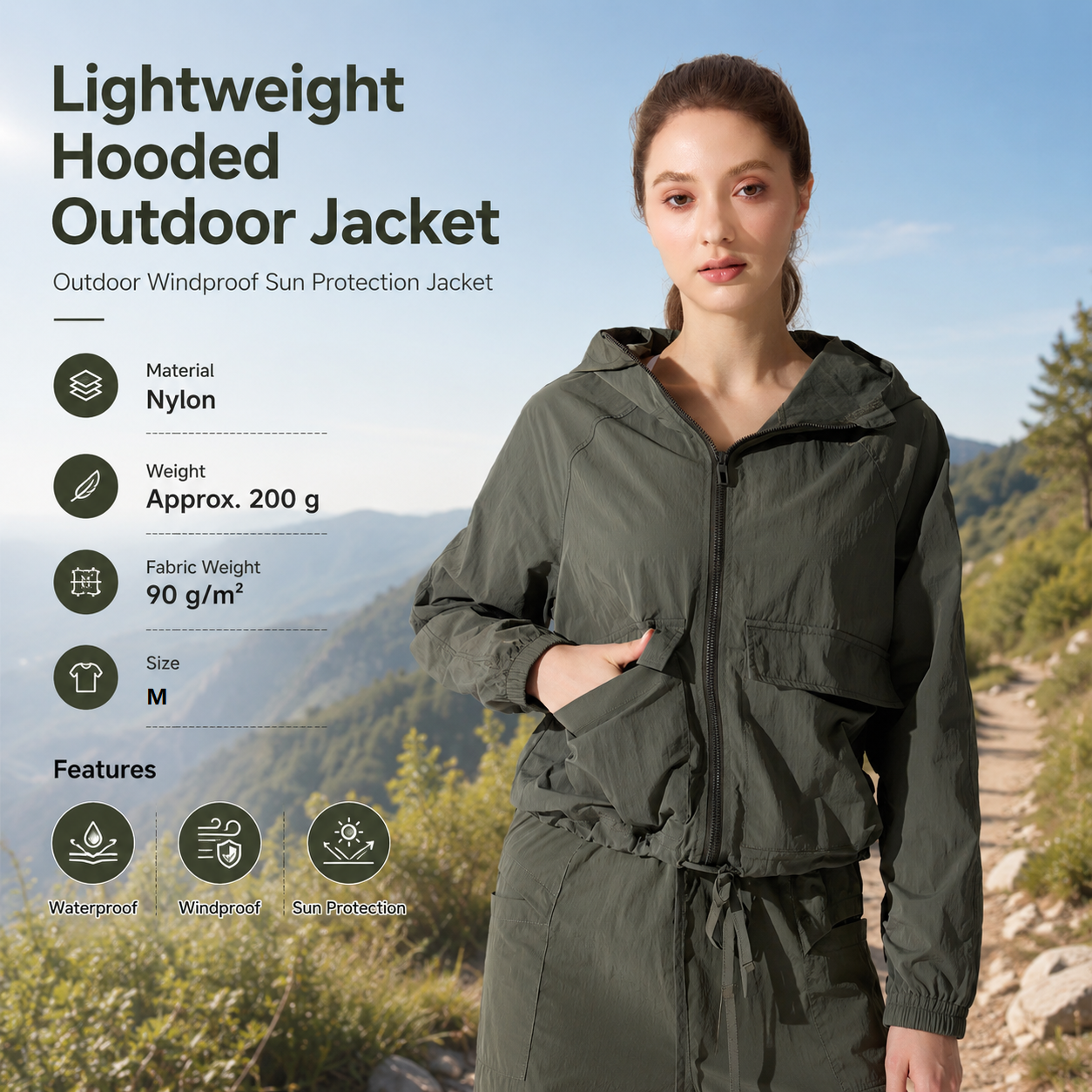 Green M Size Women's Lightweight Hooded Windbreaker Jacket - Nylon, Waterproof, Windproof, Sun Protection, Loose Fit for Hiking, Running, Yoga and Outdoor Activities