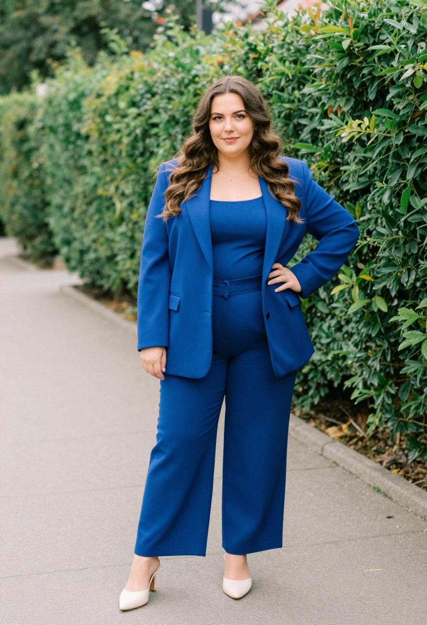 Plus size woman in cobalt blue monochromatic wide-leg suit delivering understated curvy elegance on a garden walkway