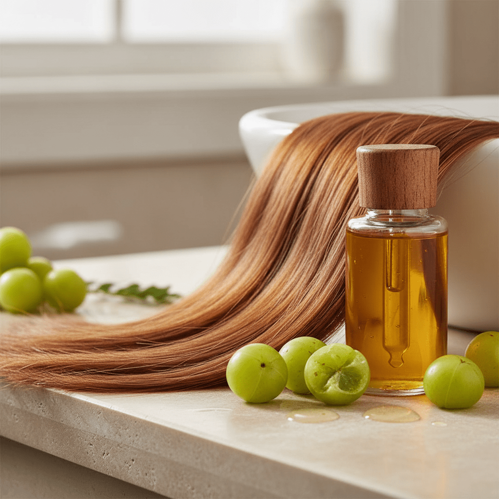 Healthy glossy hair with amla oil on a bathroom counter