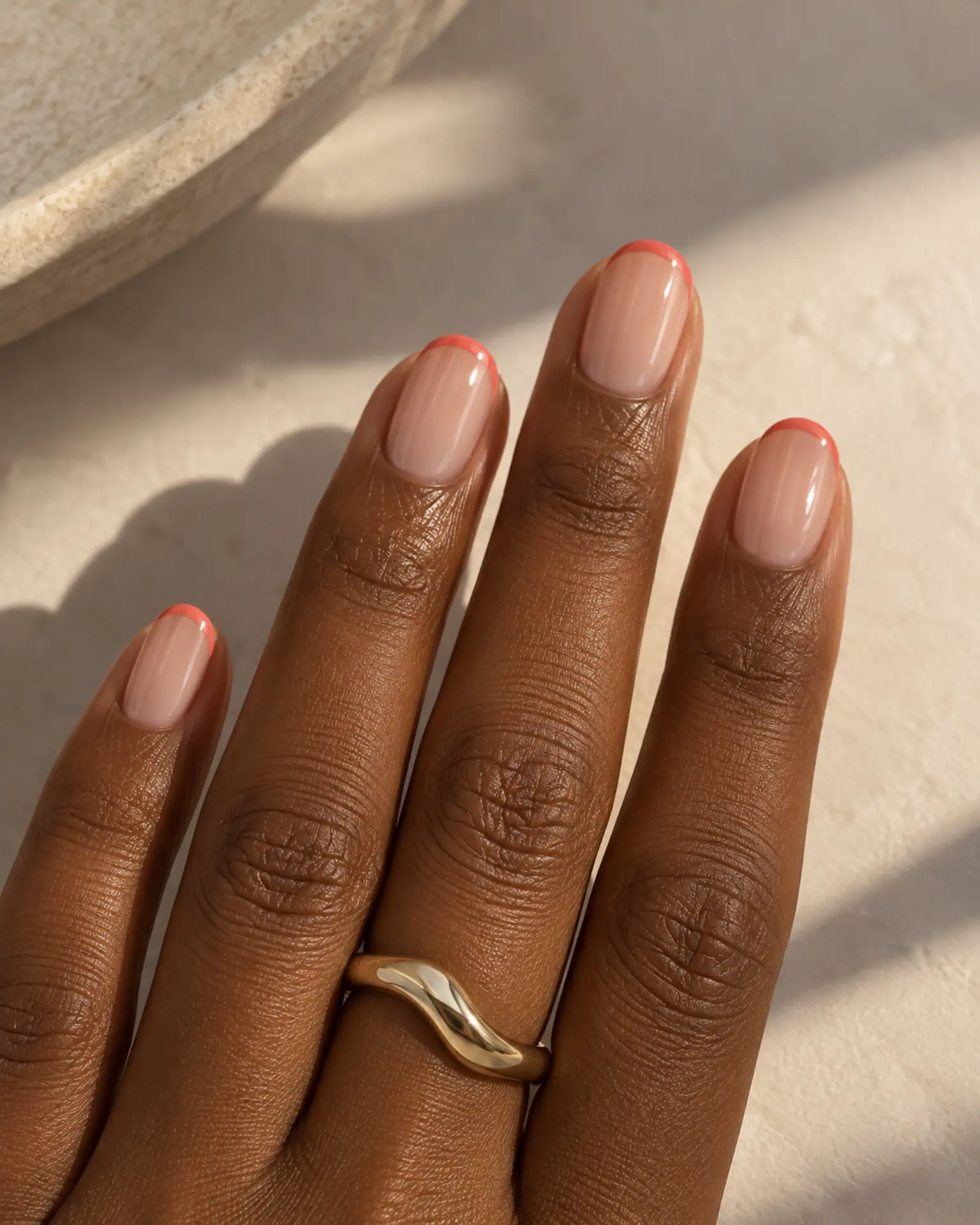 Coral Micro French manicure inspiration for round nail ideas