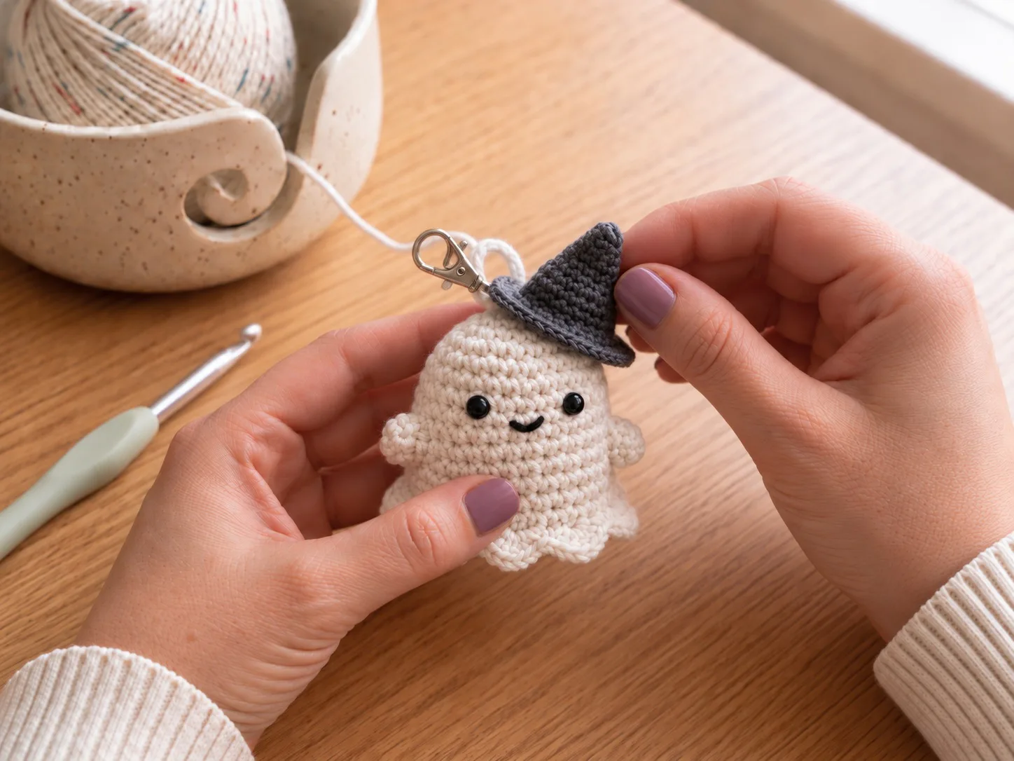 Finish the variations — Style the final version as plain, with a dusty-rose bow, or with a tiny witch hat, then do the last shaping.