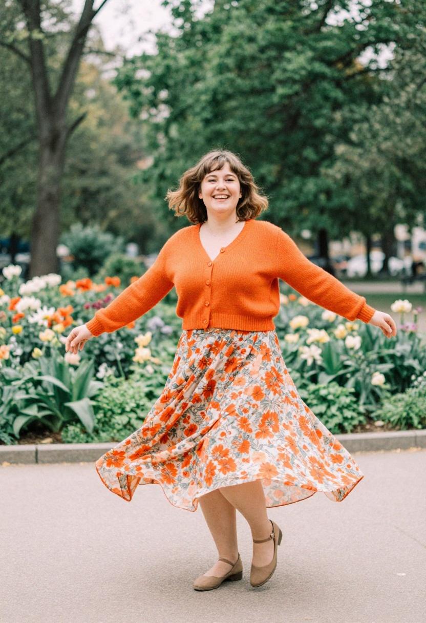 Plus-size woman in tangerine orange cropped cardigan with floral midi skirt in a spring park setting