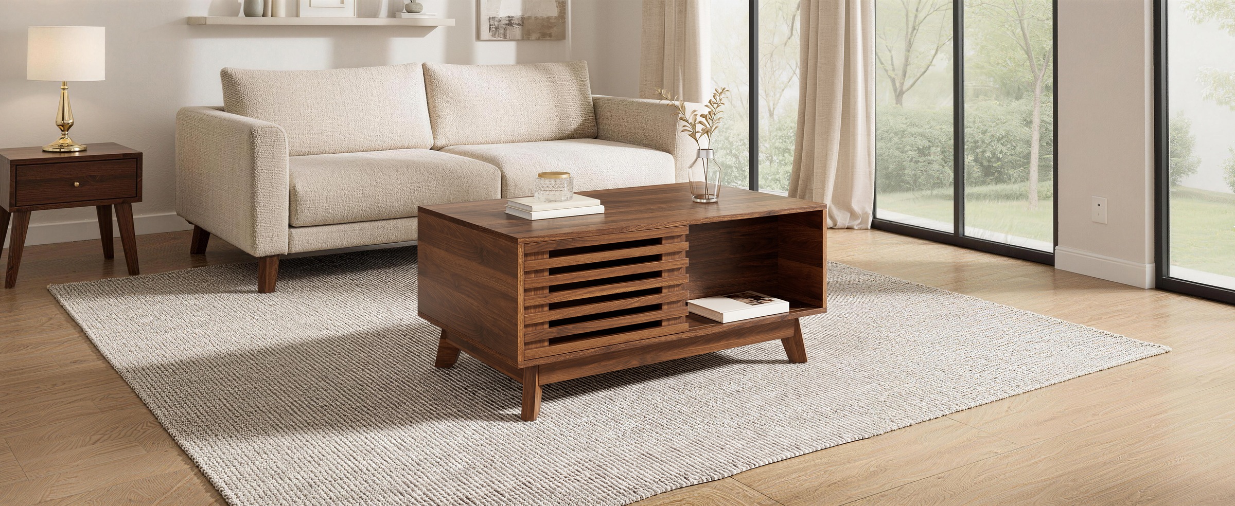 Table Basse Noyer, Rangement, Étagères Réglables, Plan Relevable, Design Moderne, Structure Robuste - Panneau composite de fibres de bois à densité - 90x55x57.5cm - Salon 1