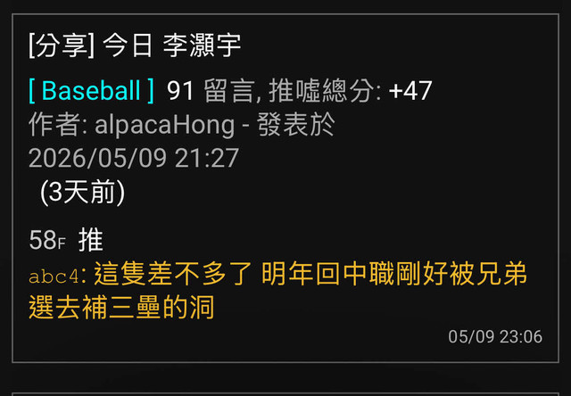 [分享] 今日 李灝宇 - 棒球 - PTT.BEST 批踢踢爆文