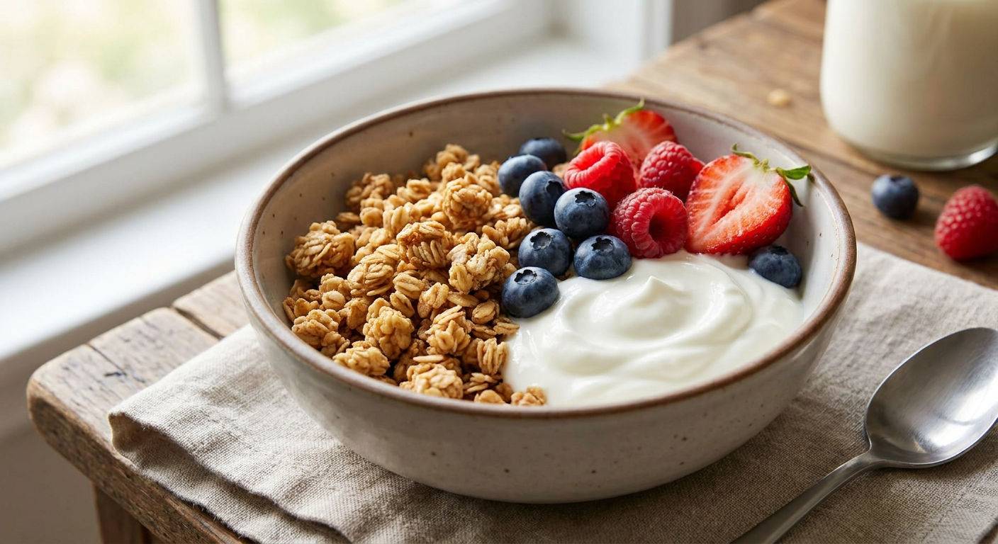 Chrupiaca granola z jogurtem wysokobialkowym.