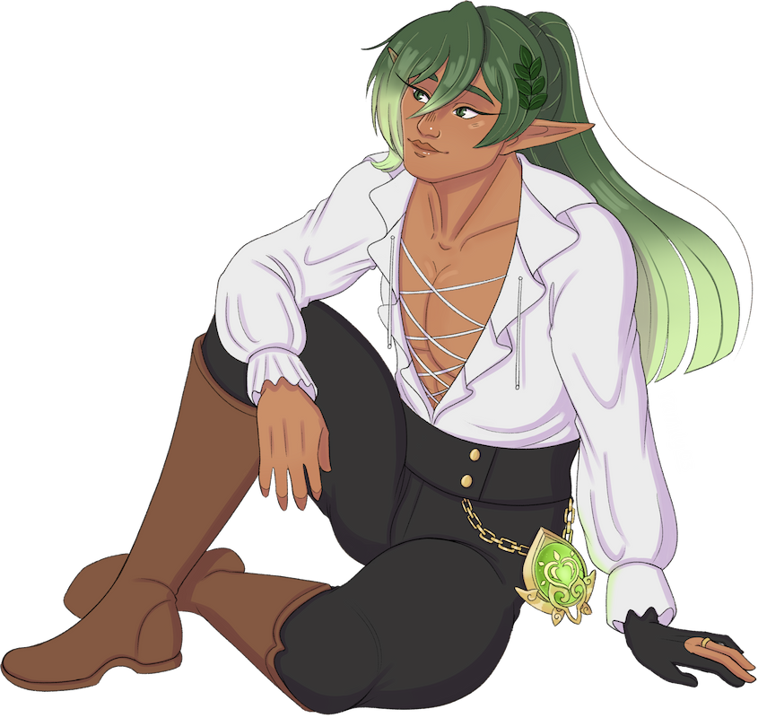 A green haired character with pointy ears that is in a comfortable sitting position