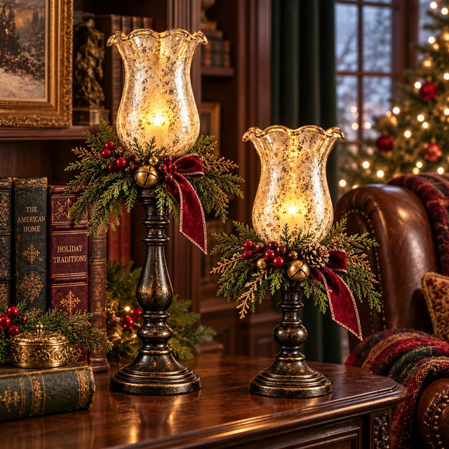 Grand and Petite vintage candle lamps glowing beside classic books in a Christmas room