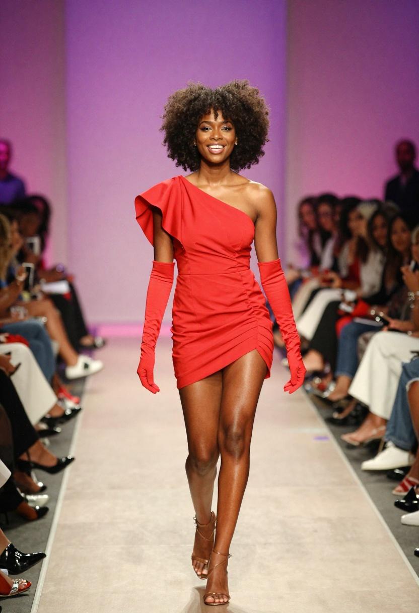 Scarlet one-shoulder mini dress with opera gloves at gala stage