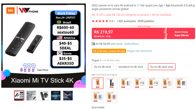 [ali] Xiaomi Mi Stick 4k R$ 205,00 em até 4x FG