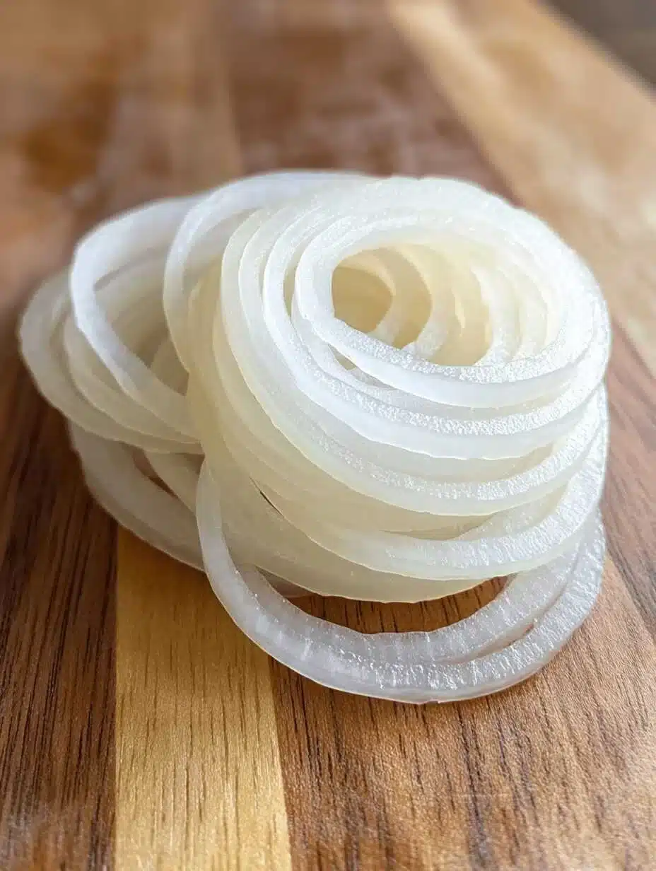 Use a sharp knife or mandoline to slice the onion paper thin.