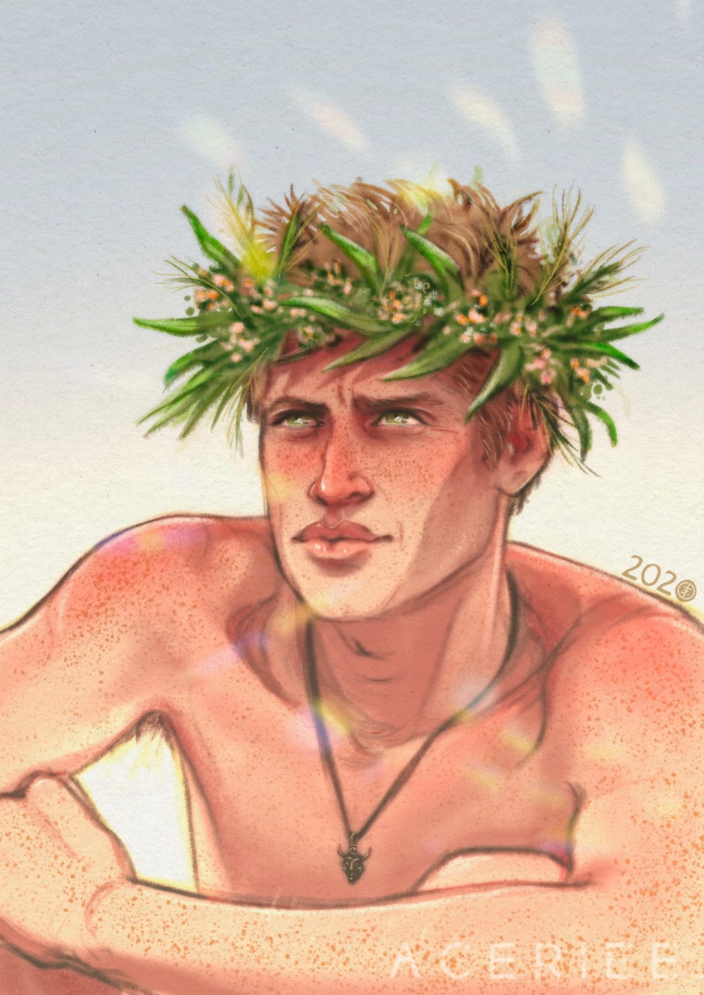 Head and shoulders of a young Dean sitting with his arms wrapped around his knees. He is unclothed apart from a flower crown and his amulet. His skin appears slightly sunburnt with a faint frown as if staring into the distance
