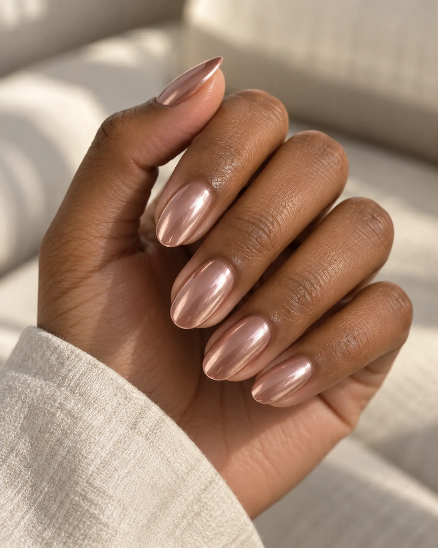 Rose Chrome Photo-Ready Nude manicure inspiration for birthday nail ideas