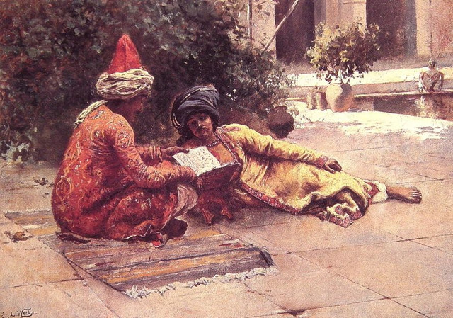 Edwin-Lord-Weeks-Two-Arabs-Reading-In-A-Courtyard