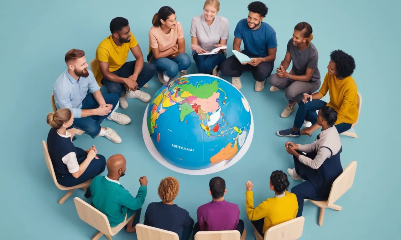 Un grupo de personas de diversos orígenes sentados juntos, formando un círculo alrededor de un globo, con el título Enfoque Intercultural escrito arriba.