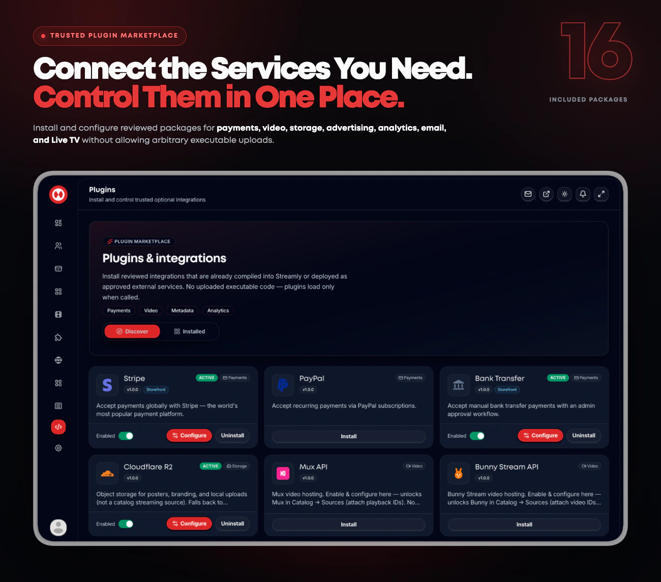 Streamly trusted plugin marketplace with Discover and Installed views for payment, storage, and managed-video integrations