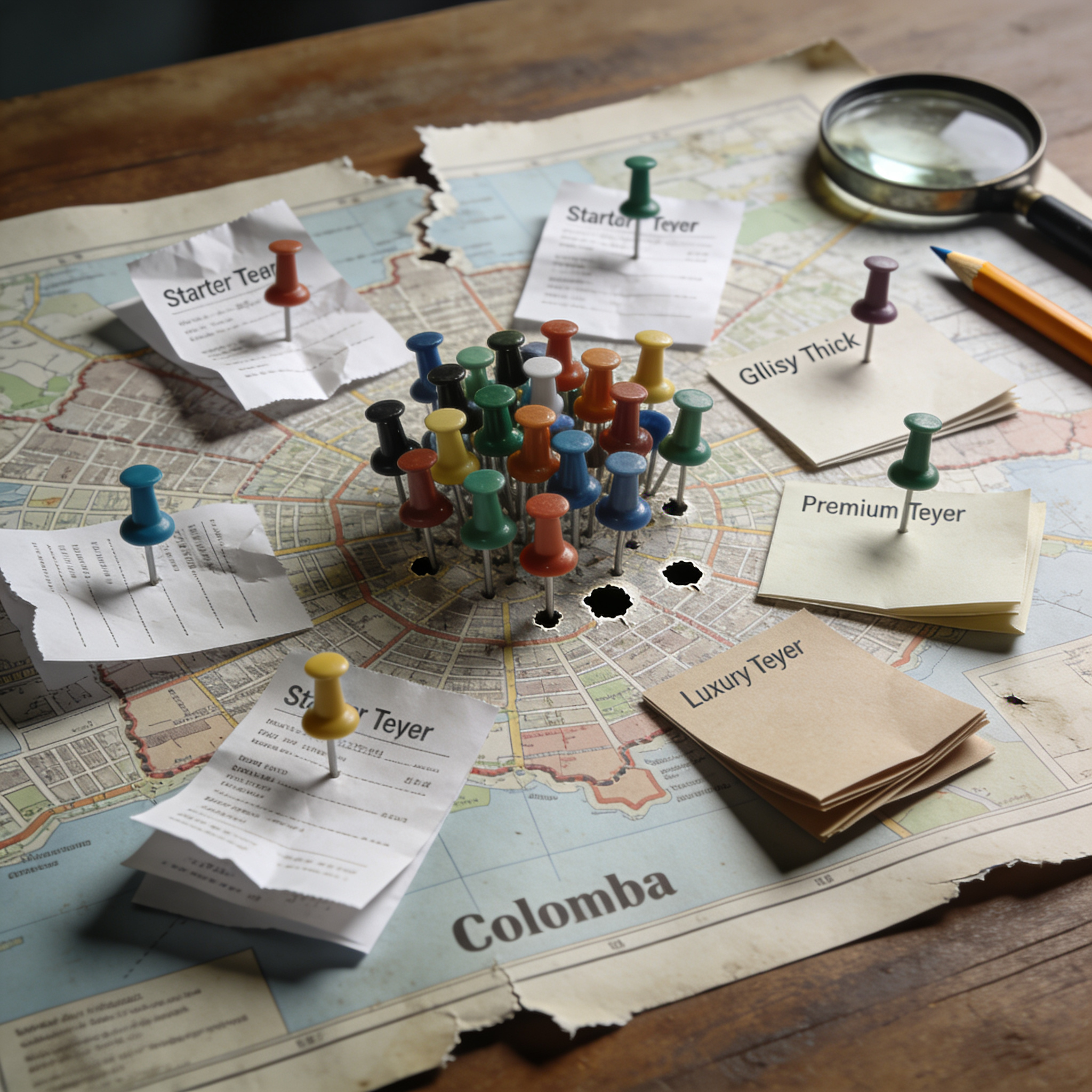 Overhead shot of torn Colombo map pinned with overlapping, face-down classified ad slips.
