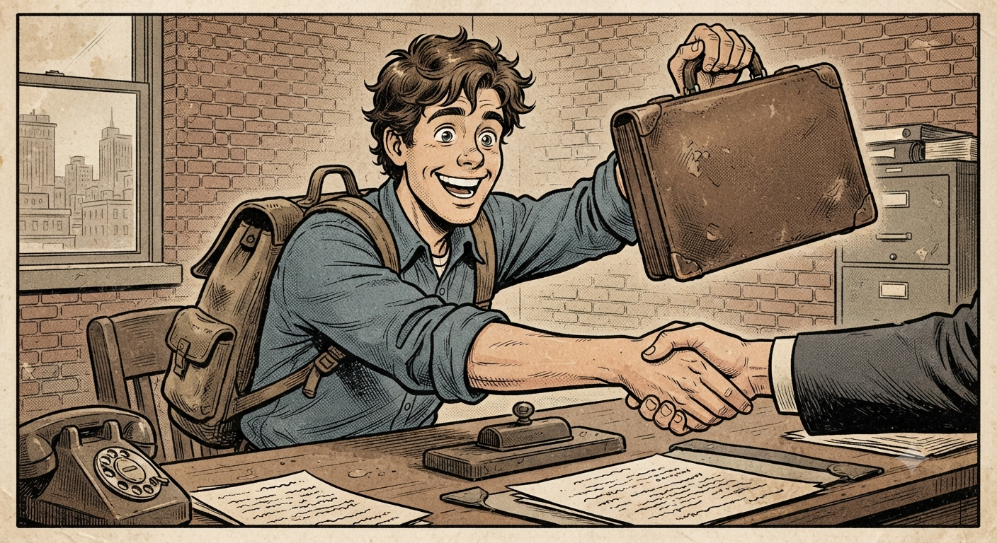 The same young graduate holding a briefcase triumphantly and shaking hands with an interviewer across a desk