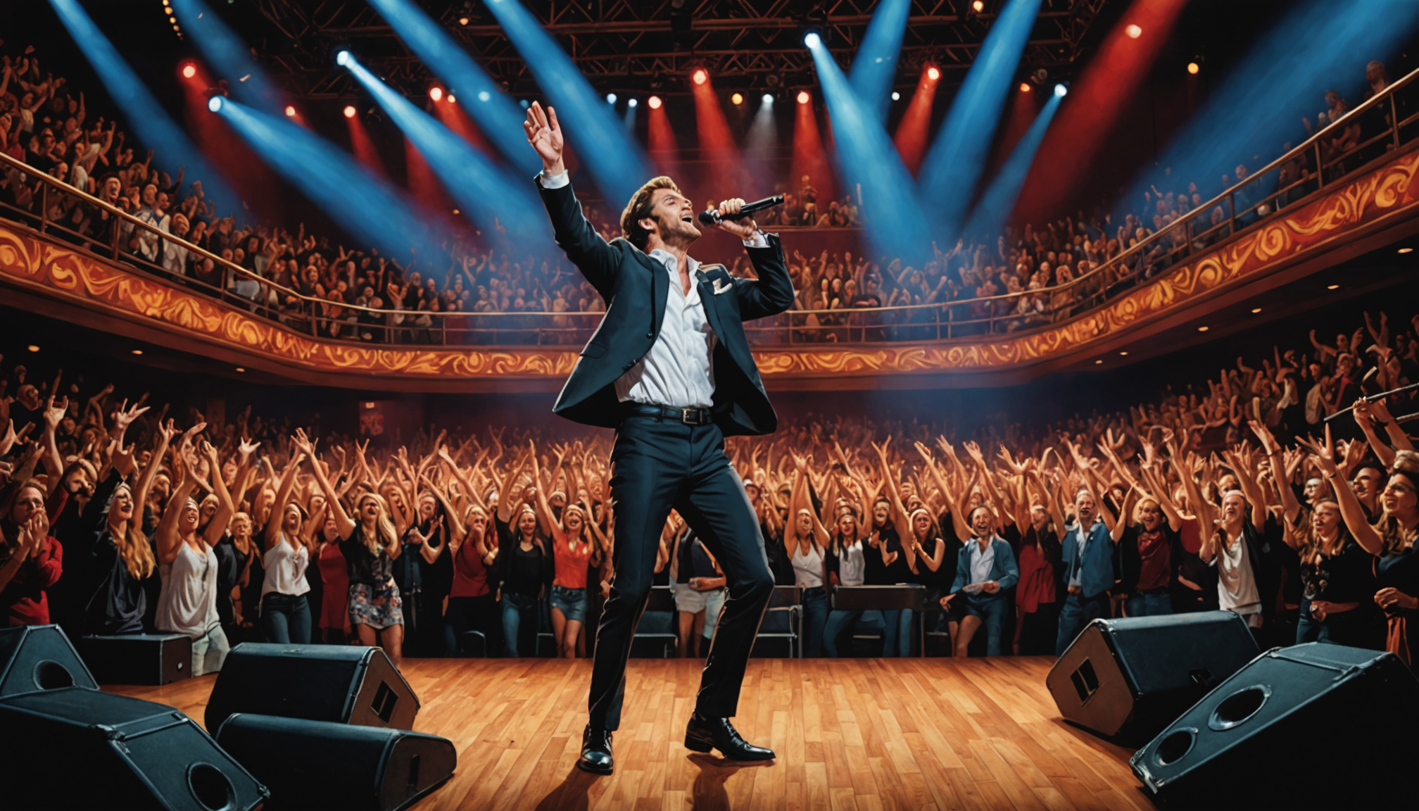 Artist's journey with vibrant concert stages and talented performance.