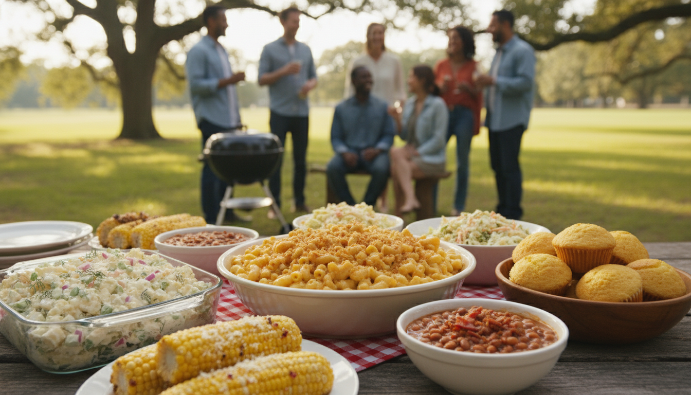 classic cookout side dishes with potato salad baked beans and macaroni salad