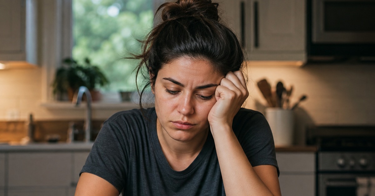 A woman in her late twenties sitting at a dining table looking down at a healthy meal she has barely touched, expression fatigued and frustrated — capturing the daily reality of PCOS-driven metabolic dysfunction where effort and discipline cannot overcome hormonal barriers to fat loss