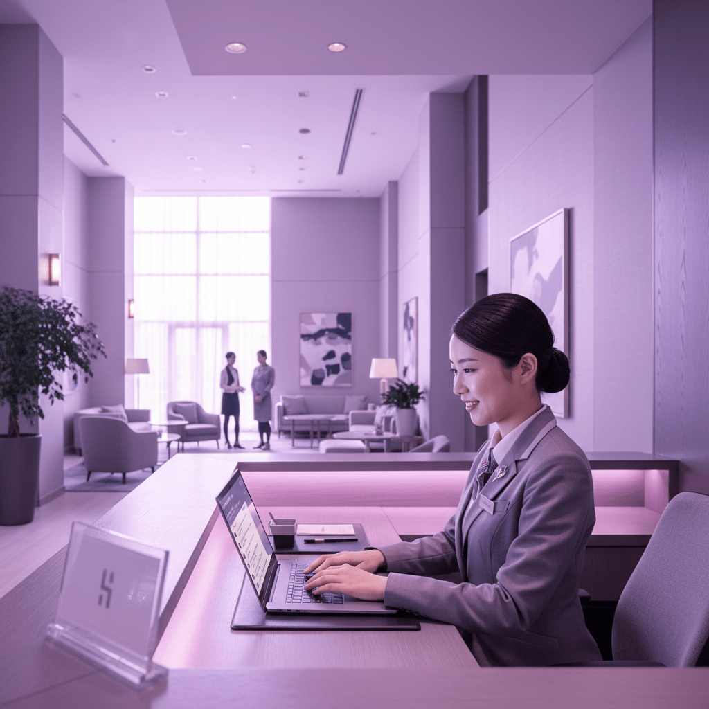 Hotel social media analytics and booking tools on a modern desk
