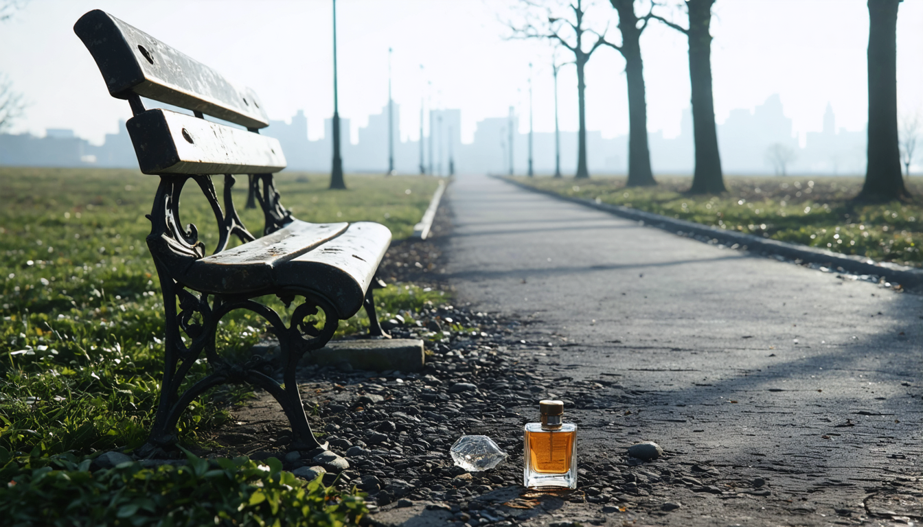 An empty bench on a city path at dawn with a small discarded glass bottle in the gravel, the scene calm and unremarkable.