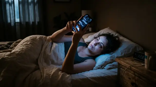 Tired person in dark bedroom scrolling smartphone in bed, blue screen glow, restless mood